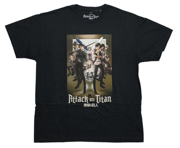 Attack on Titan Mens T-Shirt - Battle Ready Cast in Front of Emblem