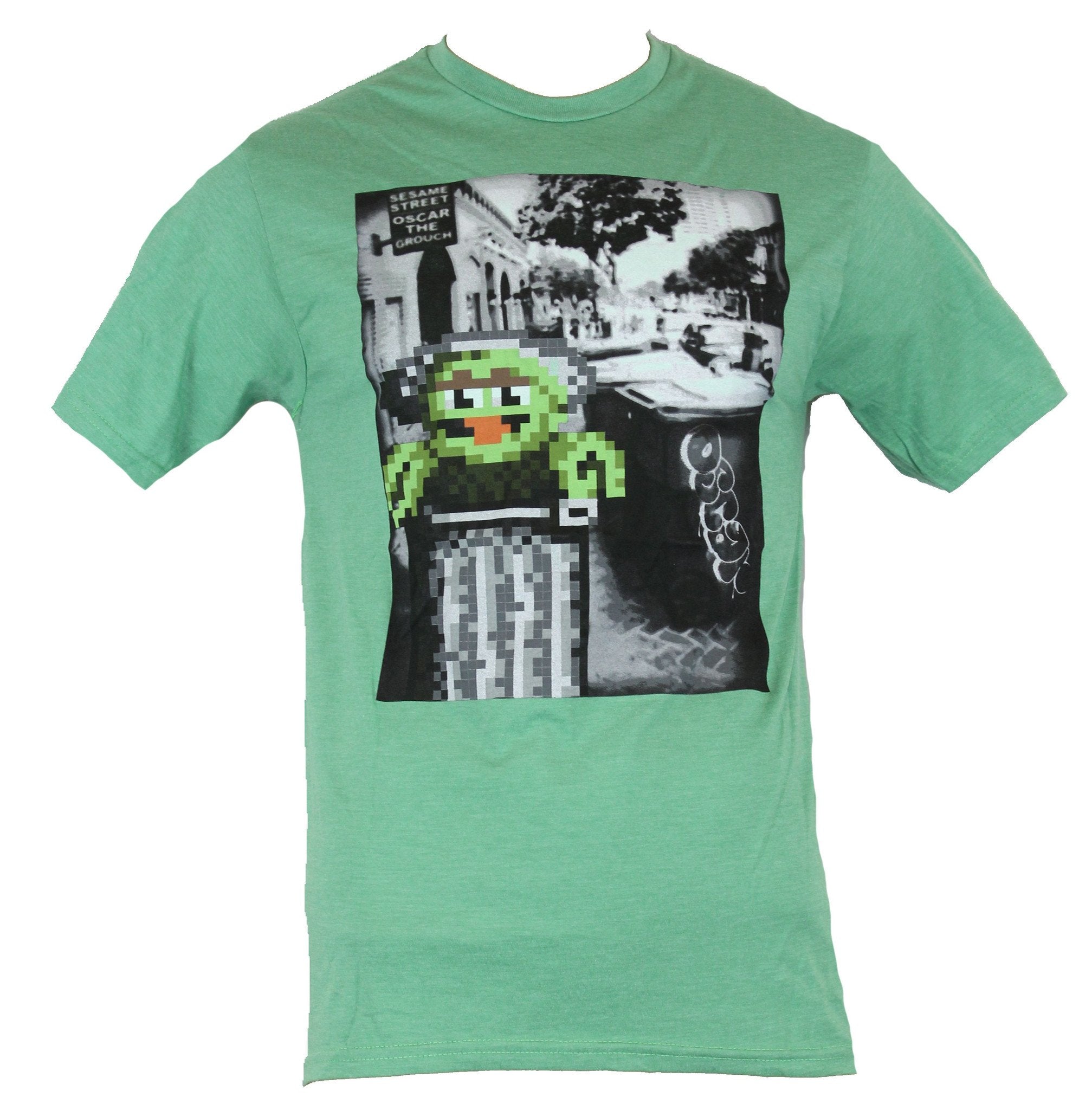 Sesame Street Mens T-Shirt  - 8-Bit Style Oscar the Grouch On Photo Image