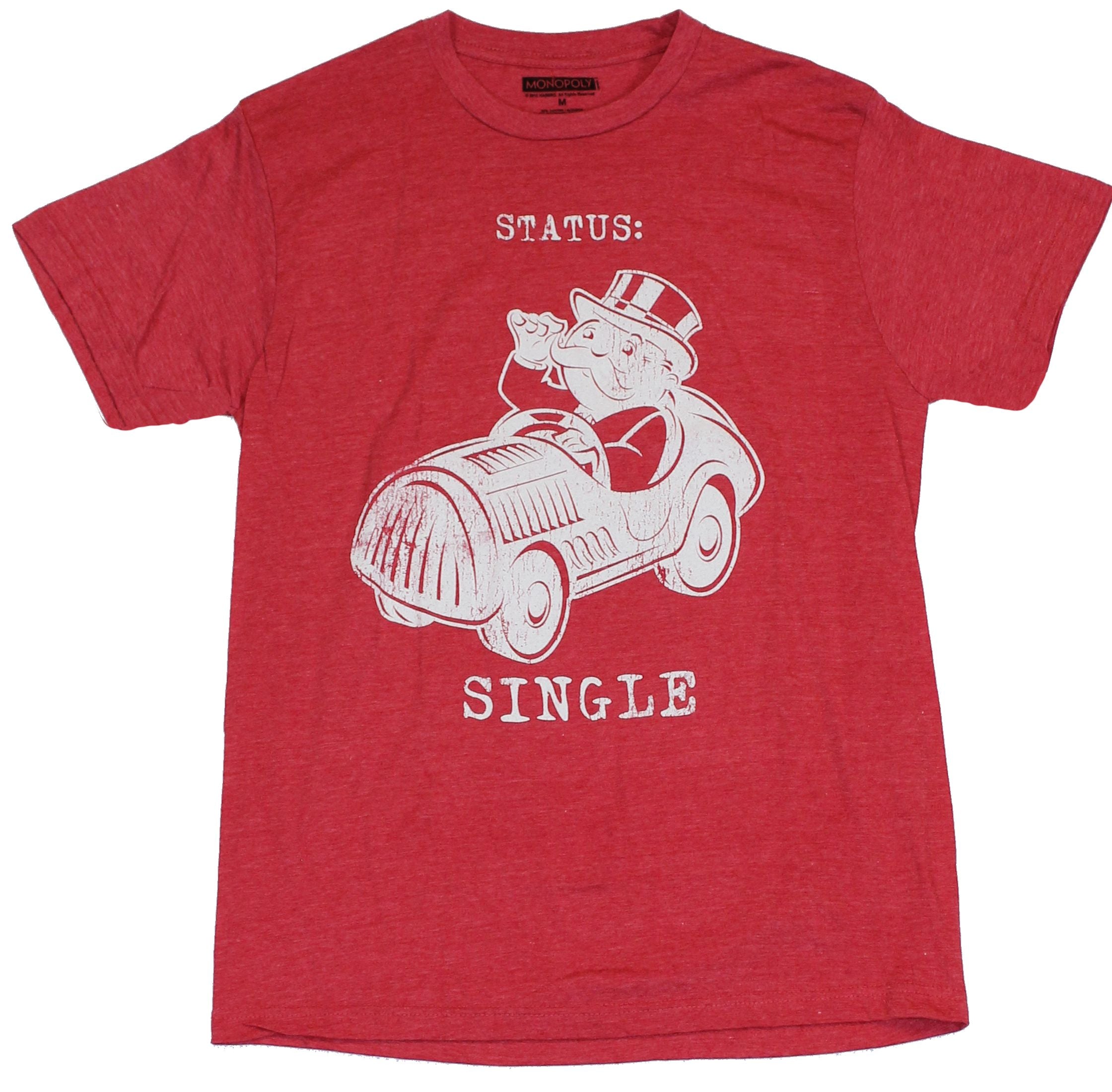 Monopoly Mens T-Shirt - "Status Single" Distressed Pennybags in Car Image