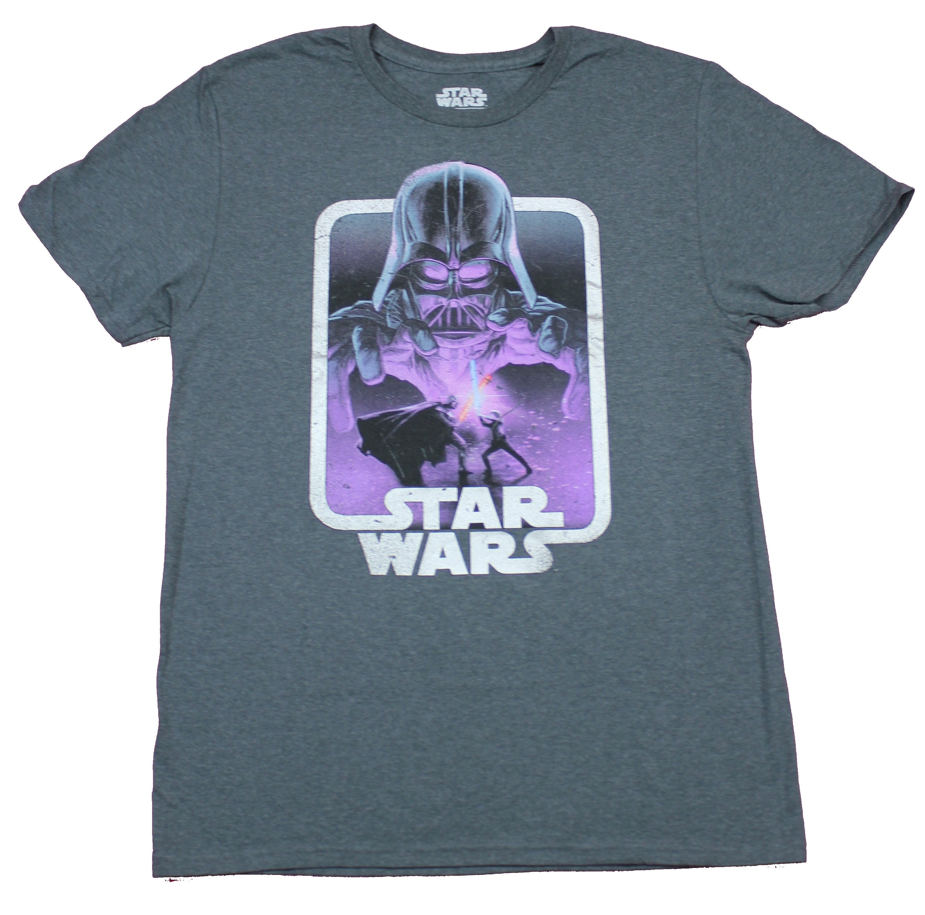 Star Wars Mens T-Shirt  - Retro Styled Lightsaber Battle Under Darth Vader Hands