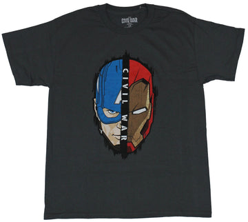 Captain America (Marvel) Mens T-Shirt  - Cap & iron Man Civil War Split Face
