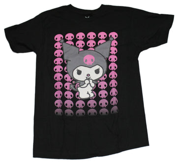 Kuromi Mens T-Shirt - Smiling Over a Pink Skull Field