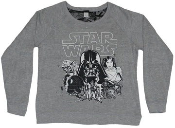 Star Wars Girls Juniors Light Sweatshirt - Darth Vader Princess Leia Yoda B & W