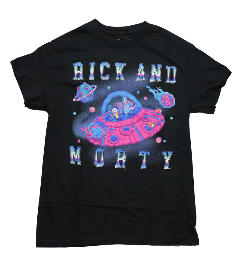 Rick and Morty Mens T-Shirt - Driving Pink Planet Style Spaceship in Name