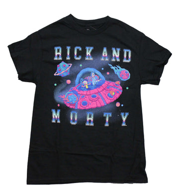 Rick and Morty Mens T-Shirt - Driving Pink Planet Style Spaceship in Name