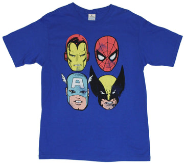 Marvel Comics Mens T-Shirt - Distressed Heads of Wolvy, Spidey, Cap, & Iron Man