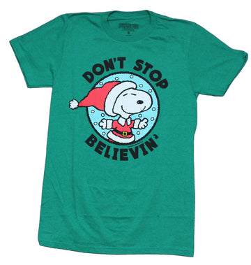 Peanuts Mens T-Shirt -Don't Stop Believin' Snoopy Christmas Santa Image