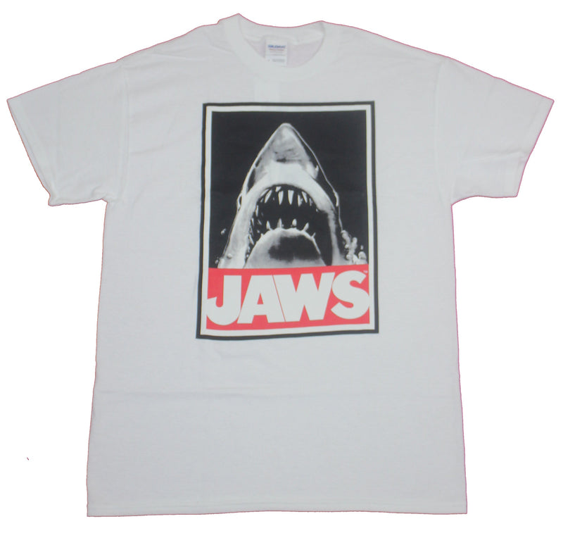 Jaws Mens T-Shirt- Big Mouth Shark Over Red Name Image