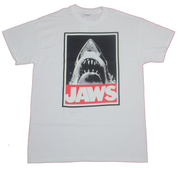 Jaws Mens T-Shirt- Big Mouth Shark Over Red Name Image
