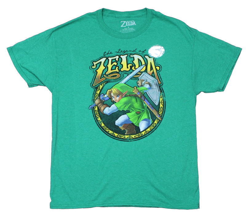 Legend of Zelda Mens T-Shirt  - Distressed Battle Ready Link in Ornate Circle
