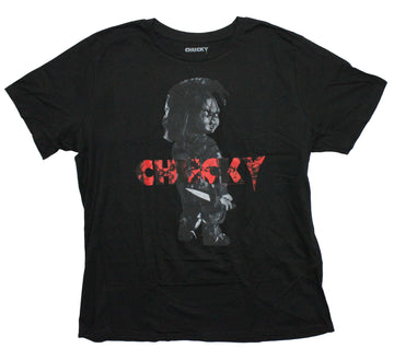 Chucky Mens T-Shirt - Looking Back Holding Knife Name Centered Shadowed
