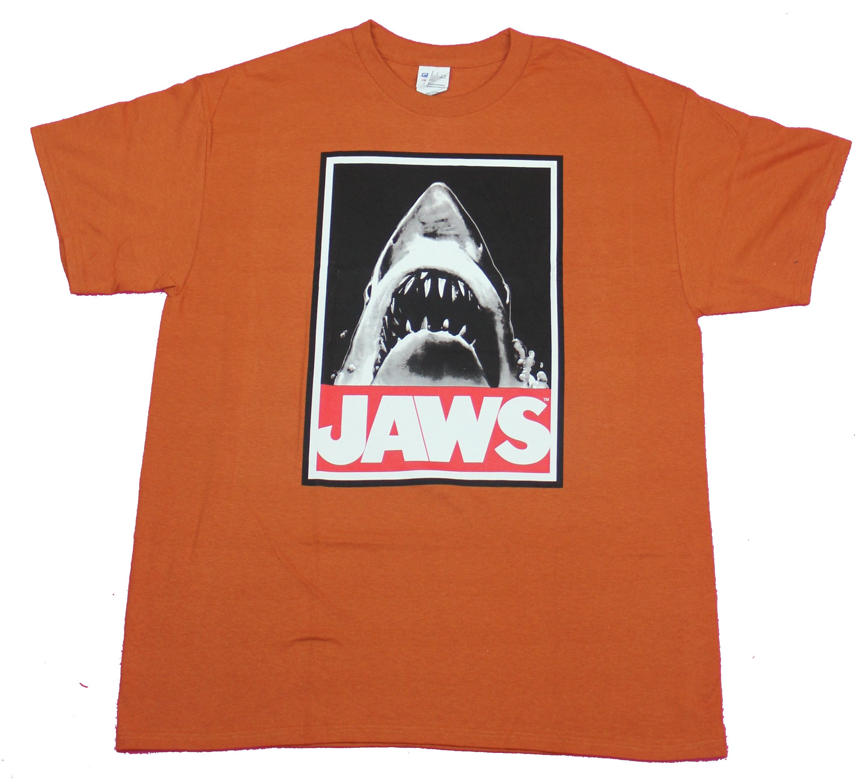 Jaws Mens T-Shirt- Big Mouth Shark Over Red Name Image