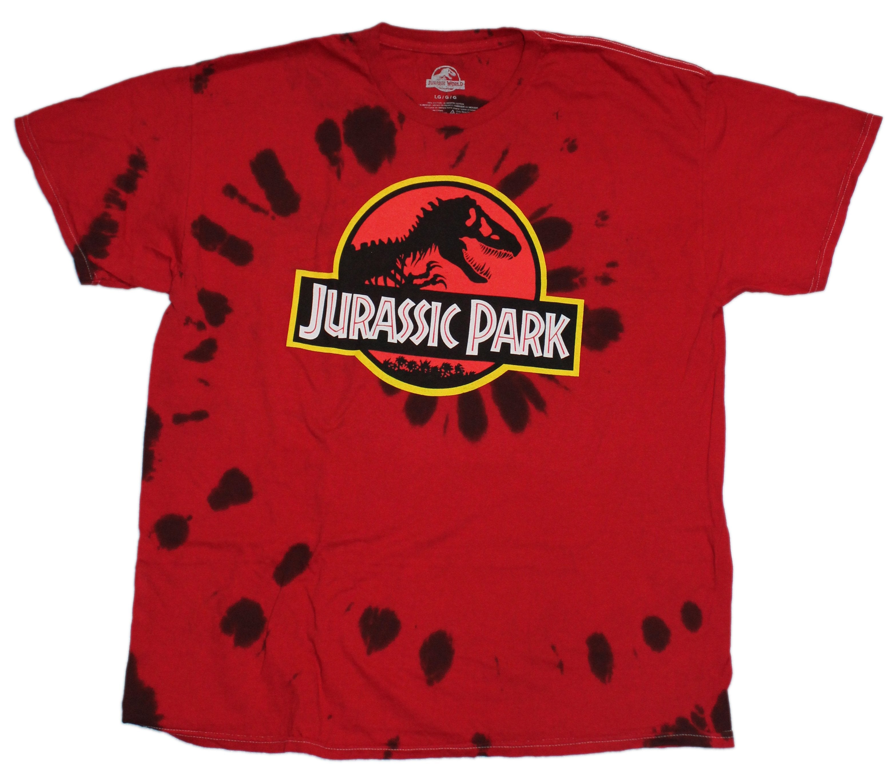 Jurassic Park Mens T-Shirt -Classic Logo over red Tye Dye