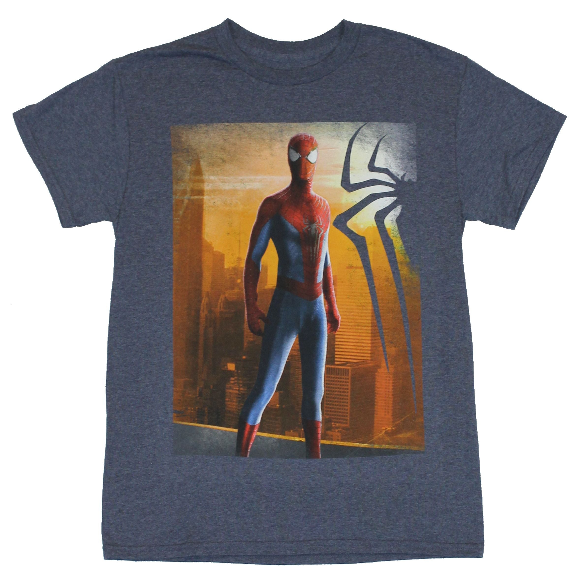 Spider-Man Mens T-Shirt - Posed in Front of a Sunset Cityscape Image