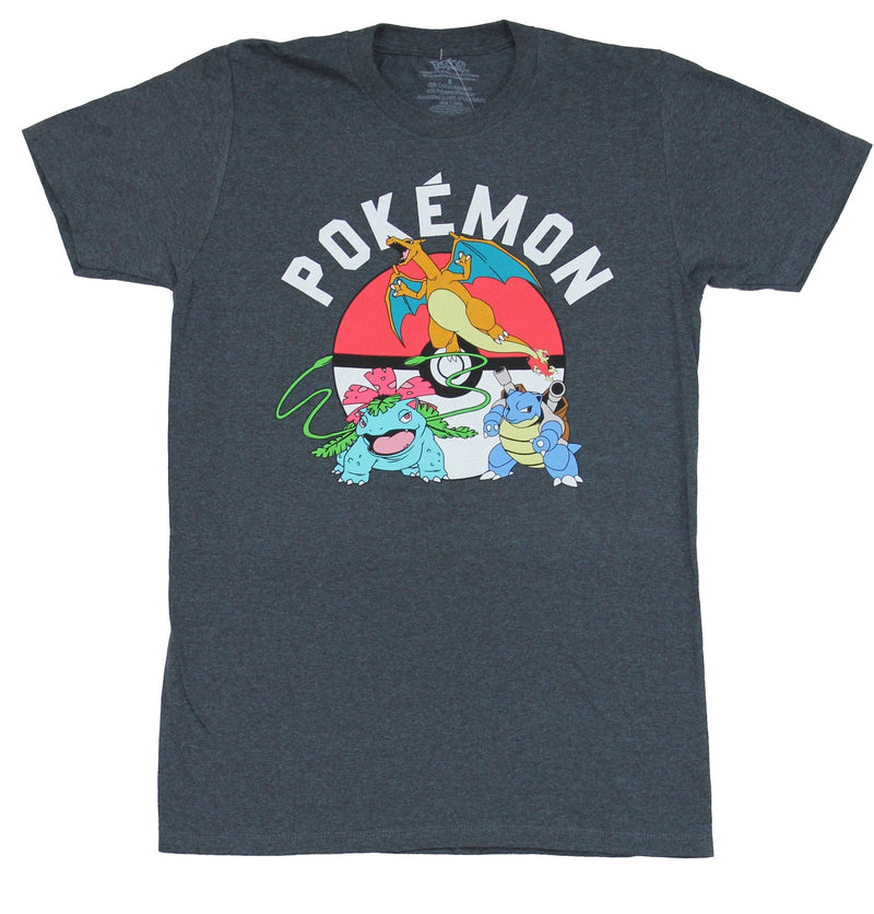 Pokemon Mens T-Shirt - Trio Charazar Bulbasuar Blastoise on Ball Image