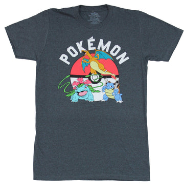 Pokemon Mens T-Shirt - Trio Charazar Bulbasuar Blastoise on Ball Image