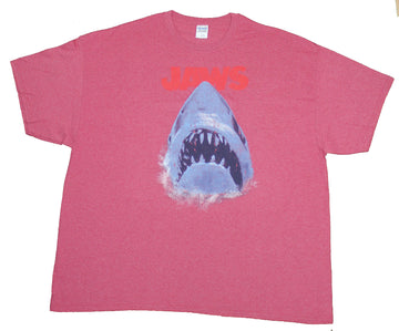 Jaws Mens T-Shirt- Distressed Big Mouth Shark Under Red Name Image