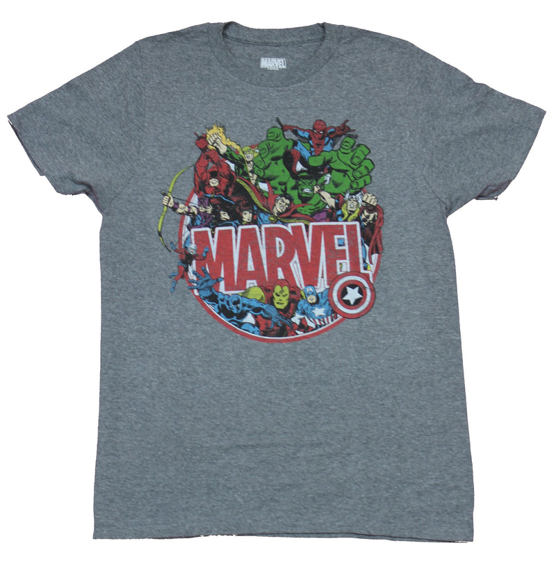 Marvel Comics Mens T-Shirt  - Marvel Circle Logo in a Sea of Heroes - Inmyparentsbasement.com