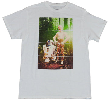 Star Wars Mens T-Shirt - R2-D2 C-3PO Bathed in Endor Forest Light