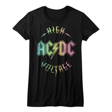 AC/DC Girls Juniors S/S T-Shirt - Multicolor Voltage - Solid Black