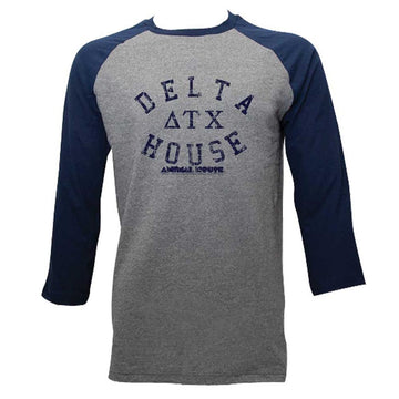 Animal House Mens 3/4 Sleeve Raglan - Delta House - Heather/Solid Gray Heather/Dark Navy