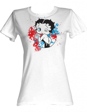 Betty Boop Girls Juniors S/S T-Shirt - Red,White, And Blue - Solid White