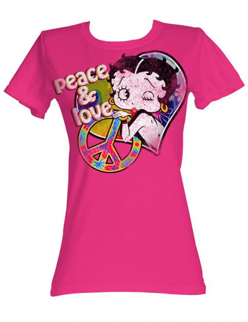 Betty Boop Girls Juniors S/S T-Shirt - Peace & Love - Solid Hot Pink