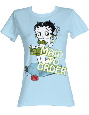 Betty Boop Girls Juniors S/S T-Shirt - Maid To Order - Solid Light Blue