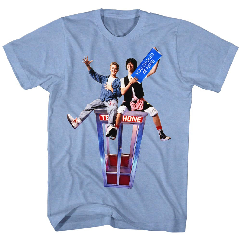 Bill And Ted Mens S/S T-Shirt - Should Be Here - Heather Light Blue Heather