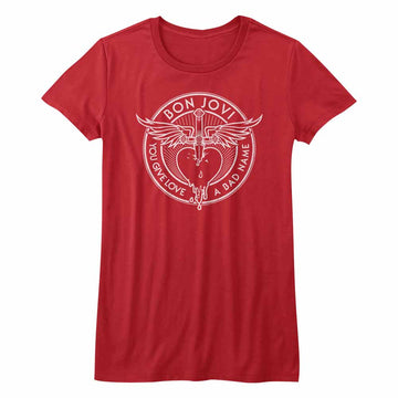 Bon Jovi Girls Juniors S/S T-Shirt - Bad Name - Solid Red