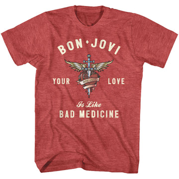 Bon Jovi Mens S/S T-Shirt - Heart And Dagger - Heather Red Heather