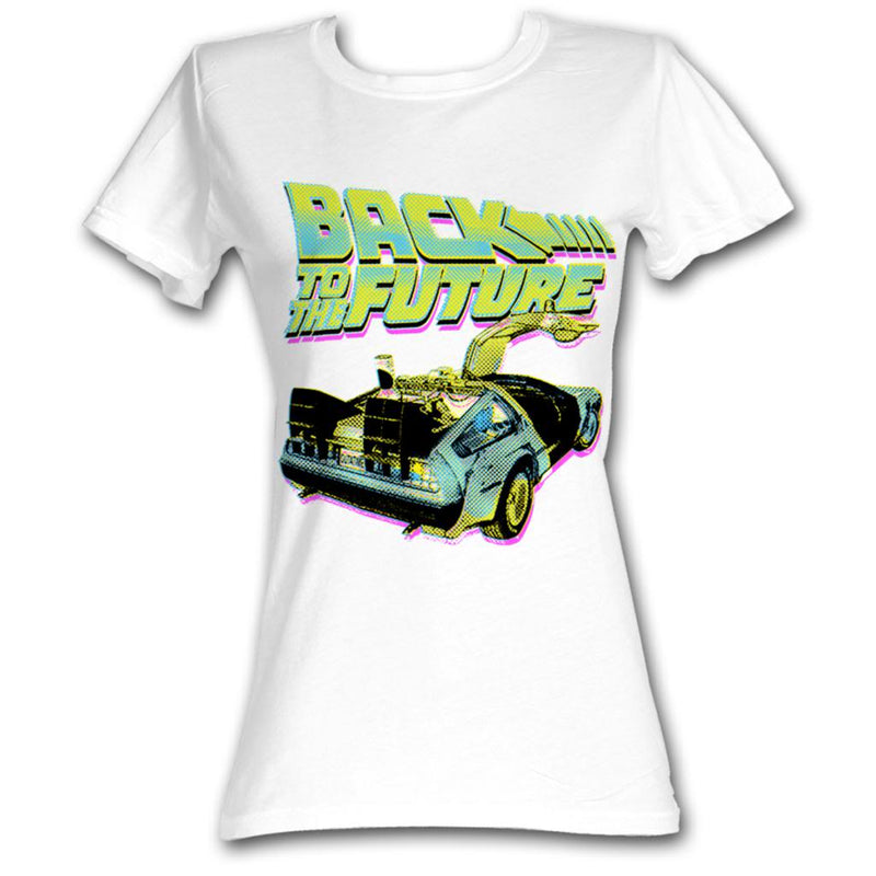 Back To The Future Girls Juniors S/S T-Shirt - Btf Neon - Solid White