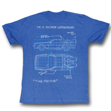 Back To The Future Mens S/S T-Shirt - Delorean Schematic - Heather Royal Heather