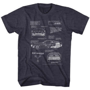 Back To The Future Mens S/S T-Shirt - Blueprint 2 - Heather Navy Heather