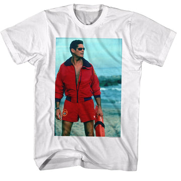 Baywatch Mens S/S T-Shirt - On The Beach - Solid White