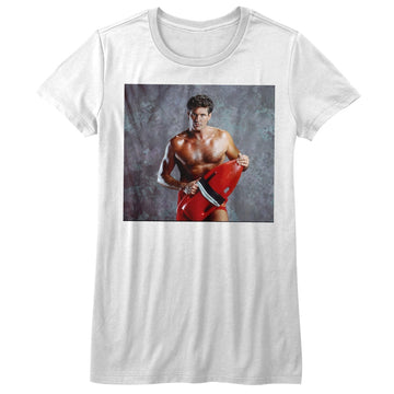 Baywatch Girls Juniors S/S T-Shirt - Hasselhoff - Solid White