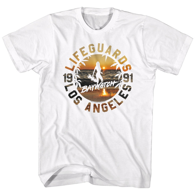 Baywatch Mens S/S T-Shirt - Lifeguards Sunset - Solid White