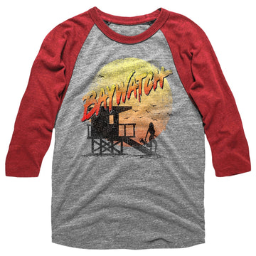Baywatch Mens 3/4 Sleeve Raglan - Cracked Up - Heather/Heather Gray Heather/Red Heather