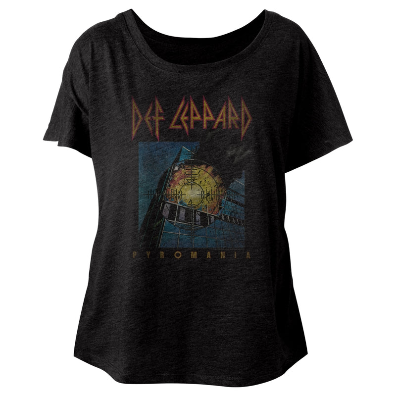Def Leppard Ladies S/S Dolman - Faded Pyromania - Heather Vintage Black - Inmyparentsbasement.com