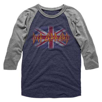 Def Leppard Mens 3/4 Sleeve Raglan - Flag Fade - Heather/Heather Blue Heather/Gray Heather