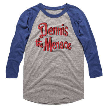 Dennis The Menace Mens 3/4 Sleeve Raglan - Logo - Heather/Heather Gray Heather/Blue Heather