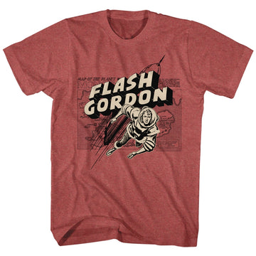 Flash Gordon Mens S/S T-Shirt - Map/Rocket/Flash - Heather Red Heather