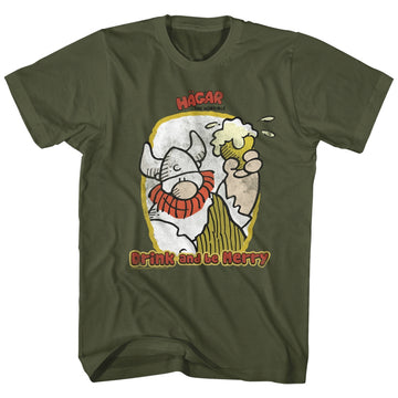 Hagar The Horrible Mens S/S T-Shirt - Drink And Be Merry - Solid Military Green