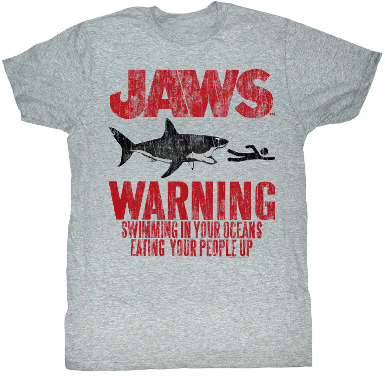 Jaws Mens S/S T-Shirt - Warning - Heather Gray Heather