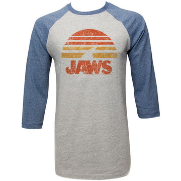Jaws Mens 3/4 Sleeve Raglan - Shark Sun - Heather/Heather Gray Heather/Blue Heather