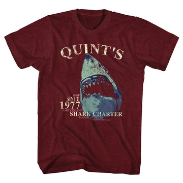 Jaws Mens S/S T-Shirt - Quints Charter - Heather Vintage Maroon Heather