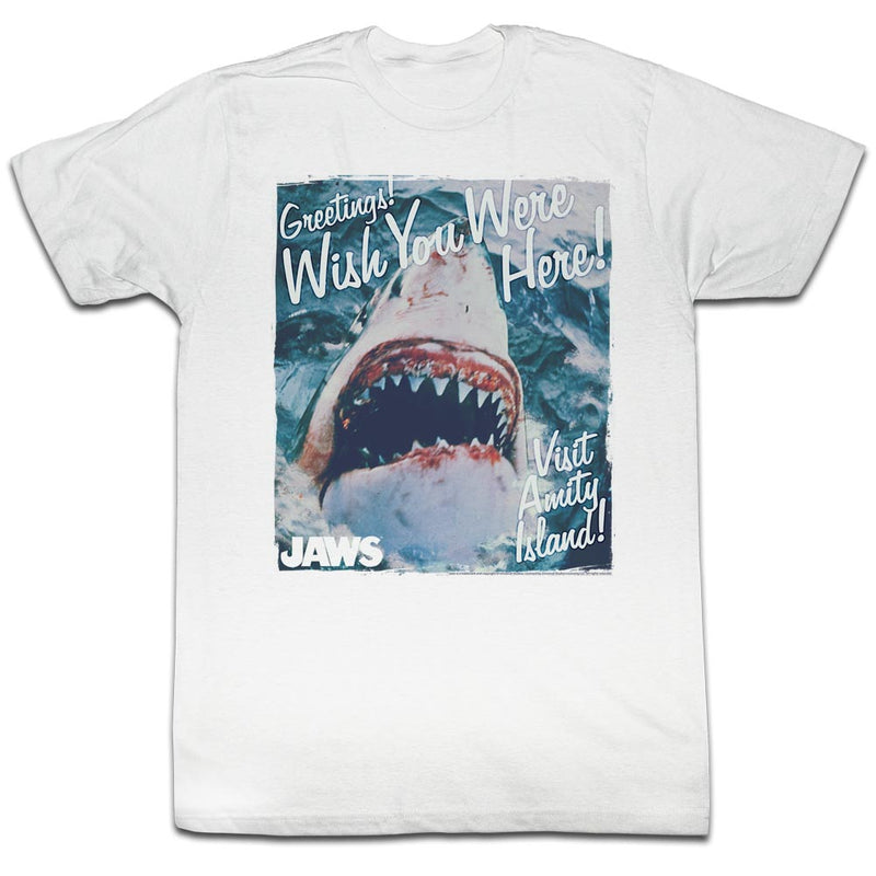 Jaws Mens S/S T-Shirt - Greetings - Solid White - Inmyparentsbasement.com