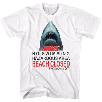 Jaws Mens S/S T-Shirt - Beach Closed - Solid White