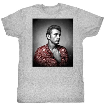 James Dean Mens S/S T-Shirt - Red Flower Print - Heather Gray Heather