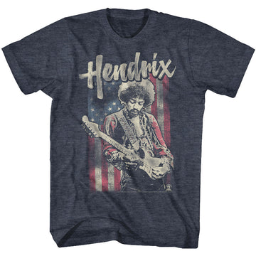 Jimi Hendrix Mens S/S T-Shirt - Flag Hendrix - Heather Navy Heather
